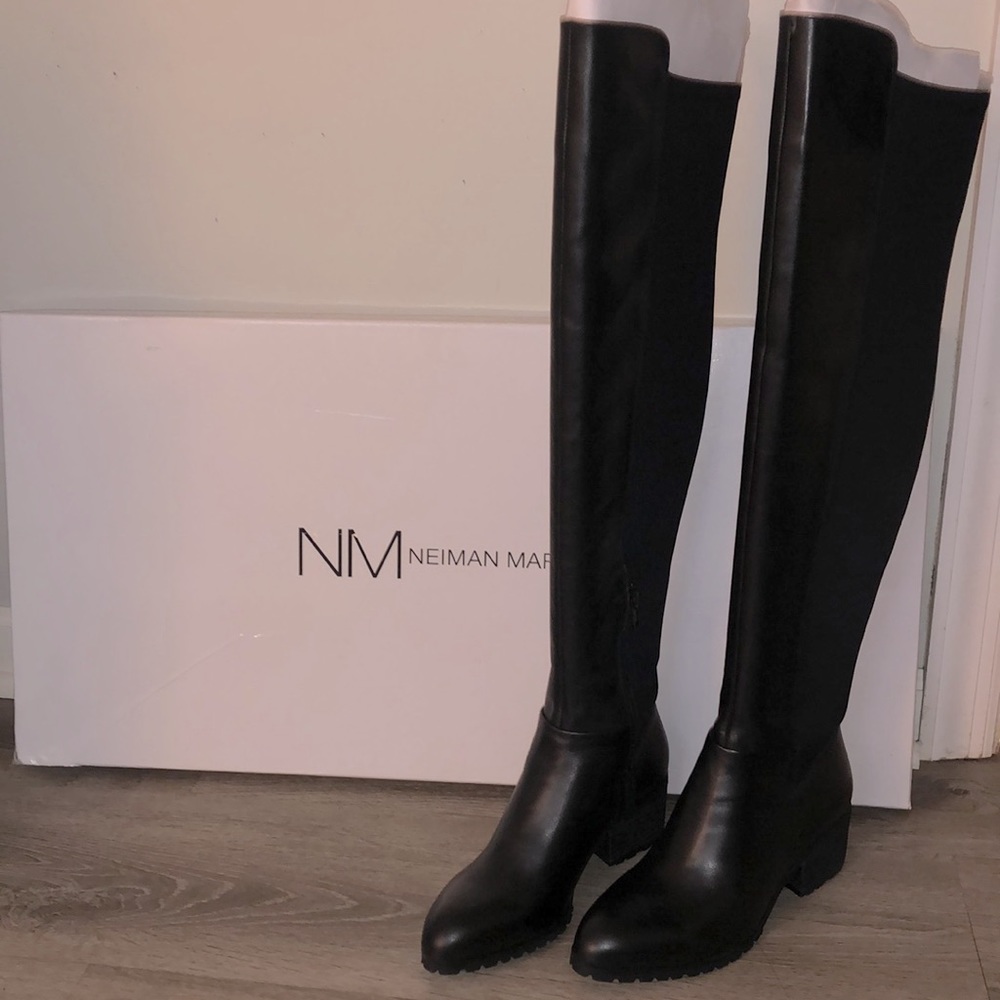 Neiman Marcus Black Leather Over The Knee Boots Block Heel NIB 8M